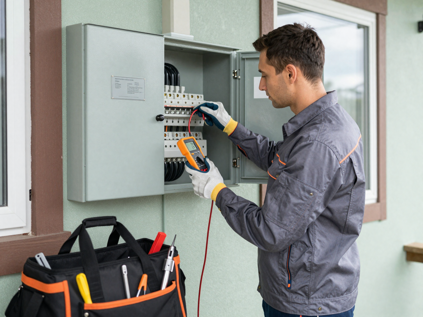 Professional electrician performing electrical work